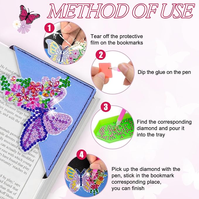WIVICO 8Pcs Diamond Painting Bookmarks, Diamond Pearl Art Kits for Adults | DIY Bookmark,Diamond Dots Paint By Numbers Kit,Gifts for Book Lovers(Butterfly)