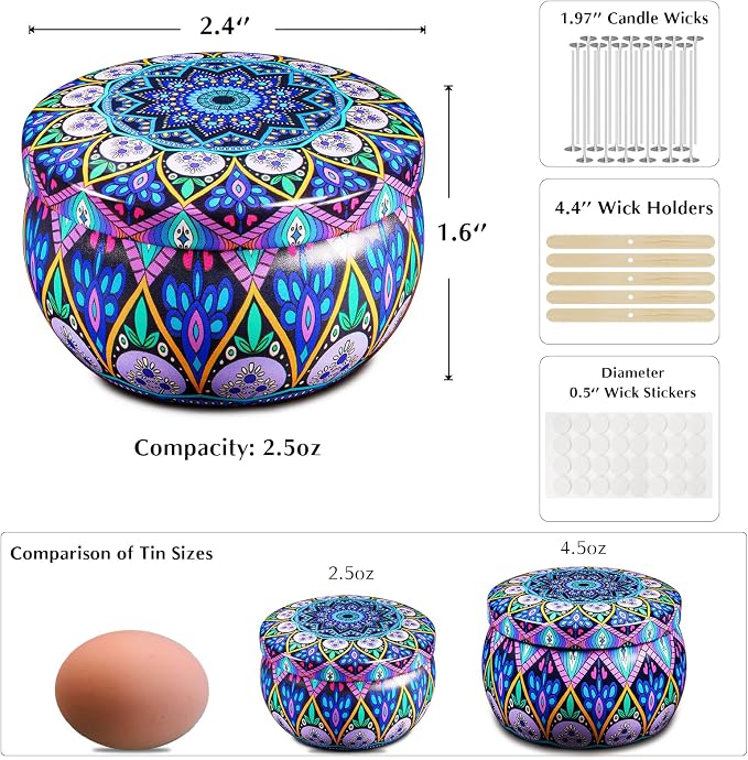 Domivirgo 24 Empty Candle Tins 2.5 oz with Lids - Simple Candle-Making Kit, Includes 26 Wicks, 5 Holders & 32 Stickers, Multi-Purpose Storage Containers for Crafts & Small Items (2.5oz)