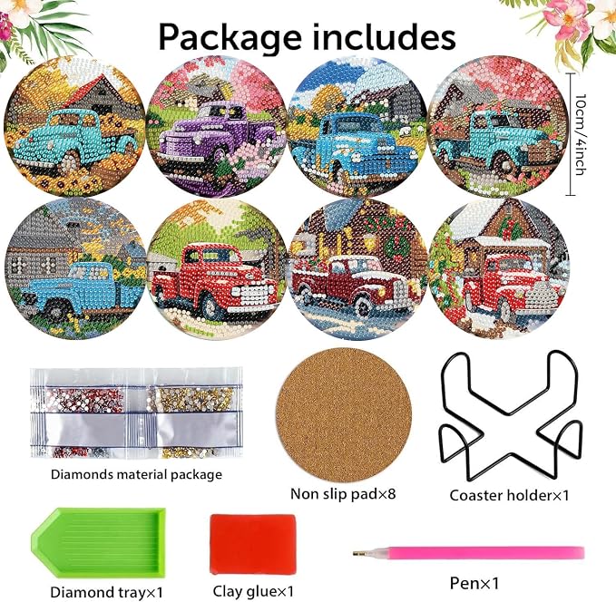 8 Pcs Diamond Art Coasters Kits, Truck Diamond Painting Coasters Kits