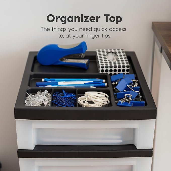 IRIS USA 4-Drawer Rolling Storage Cart with Organizer Top, Black/Pearl