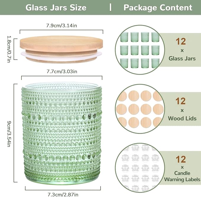 DARJEN 12 Pcs 10 oz Glass Candle Jars with Lids, Candle Tins-Green | Thick Wall Ribbed Glass, Airtight Wood Lids- The go to candle jar for DIY, thoughtful gifters, growing candle brands