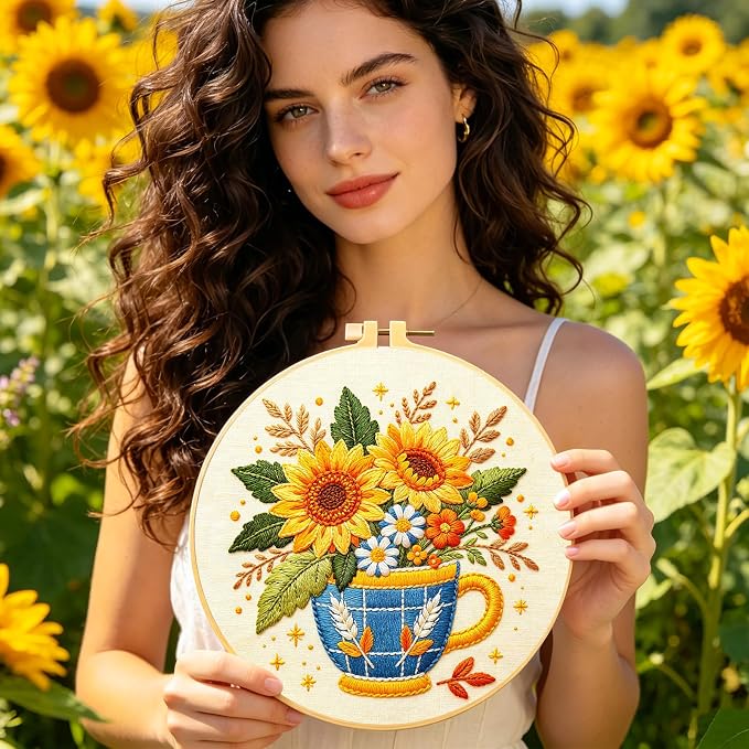 BEUNITONE 4 Set Embroidery Kits for Beginners, Flower Arrangement Design with Pre-Stamped Pattern Craft Kits Include Instruction and Hoops, 7.9x7.9 Needlepoint Kits for Festival Gifts and Home Decor