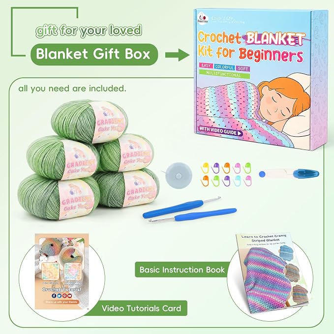 Aeelike Crochet Blanket Kit for Beginners, Easy Blanket Crochet Kits, Green