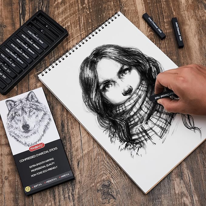 PANDAFLY Compressed Charcoal Sticks, 12 Pack, Soft Medium & Hard | Black Square Vine Charcoal Sticks for Drawing, Sketching, Shading, Charcoal Drawing Set for Beginners & Pro Artists