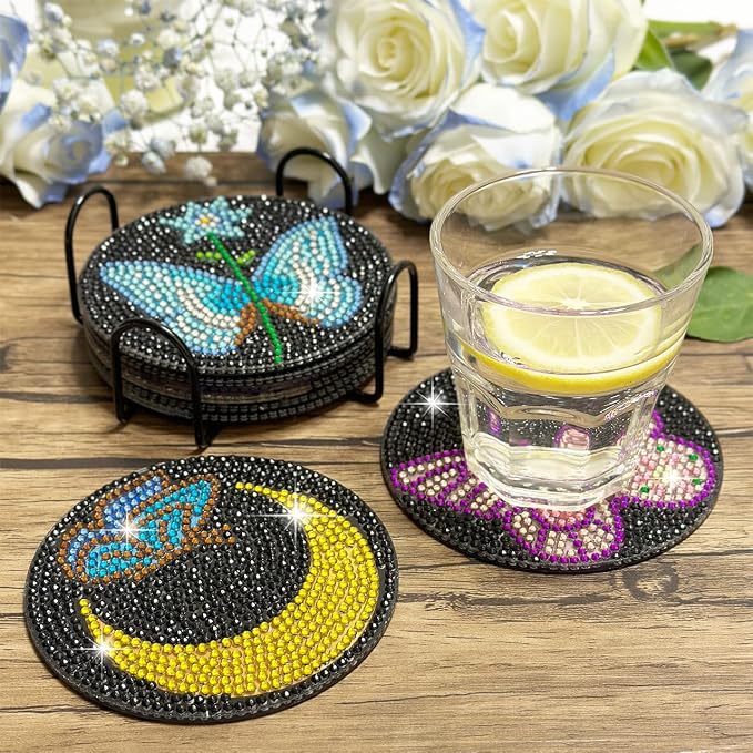 Vcekract 6 Pcs Butterfly Diamond Art Coasters Kit for Adults | Diamond Painting Coasters with Holder & Protective Backing, Diamond Art Adult Crafts for Table Home Decoration