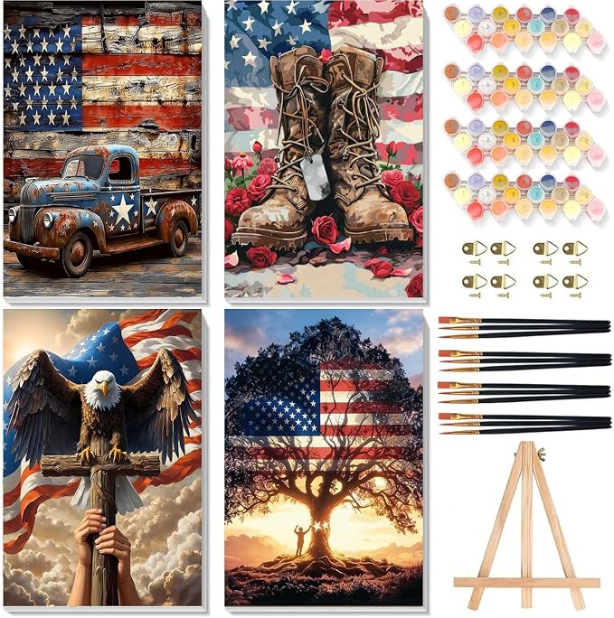 4 Pack Independence Day Paint by Numbers for Adults with Framed 8x12 inch | 4th of July Adult Paint by Number Kits on Canvas with Wooden Easel, DIY Acrylic Oil Painting by Numbers for Gift Home Decor