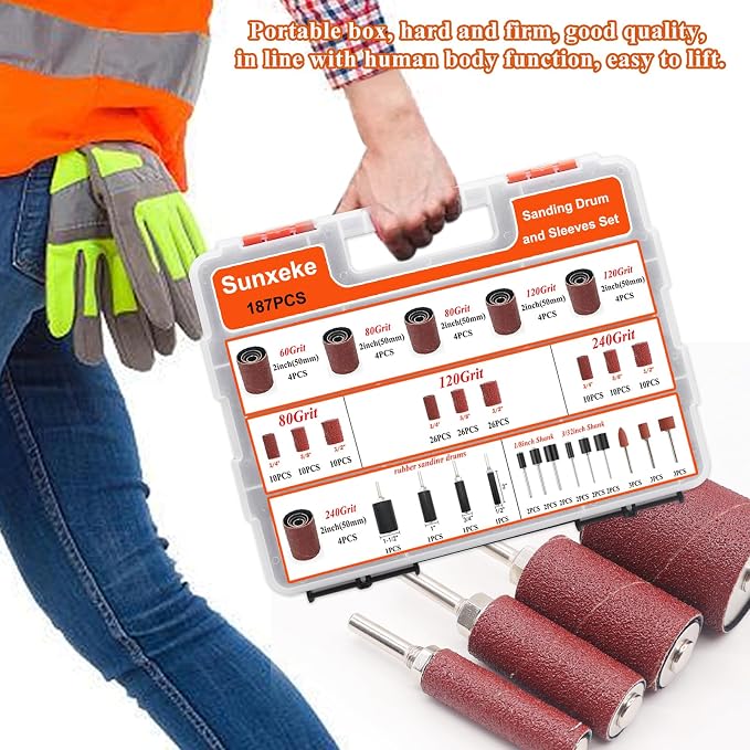 187-Piece Sanding Drum Kit for Drill & Drill Press – Includes 2inch Spindle Sander Sleeves (60/80/120/240 Grit), 4 Rubber Sanding Drums, 1/4-Inch Shank,Versatile Sander Accessory with Box