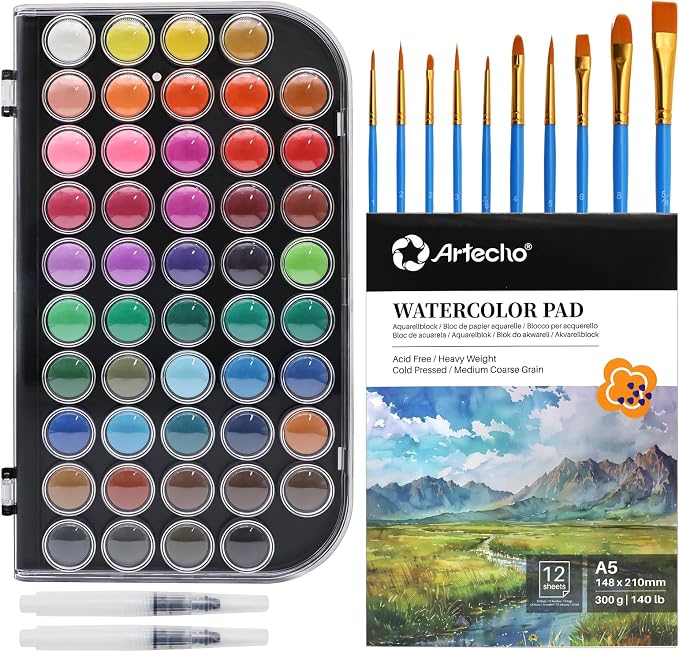 Artecho 48 Colors Watercolor Paint Set, 10 Brushes | A5 Watercolor Paper Pad, 2 Watercolor Pens, Washable Non-Toxic, for Adults & Artists