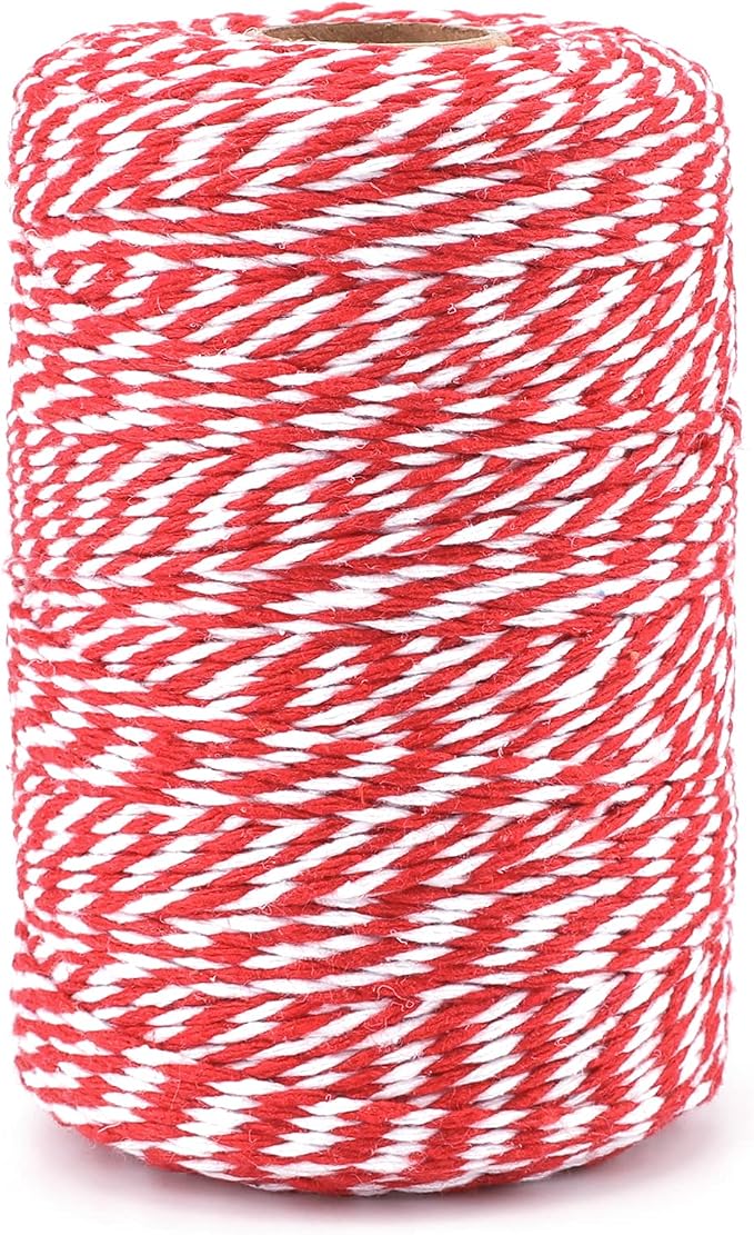 jijAcraft Red and White Twine, 2MM Cotton Bakers String, 656Ft Gift Wrapping Twine, Holiday Crafts String for Christmas, Mothers Day, Birthday