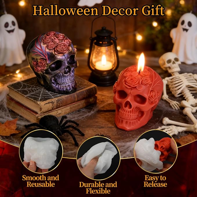 Skull Molds for Resin, 3D Rose Style Skull Head Casting Molds | Soft Skull Silicone Mold for Candle Making, Epoxy Resin Craft, Handmade Soap, Plaster Clay, Halloween Party Gifts Home Decor