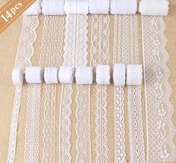 ilauke 46 Yards White Lace Ribbon 14 Rolls Vintage Lace Trims 0.6 to 2.1 inch Ribbon Laces with Assorted Pattern for Sewing, Crafts, Wedding Decor, Flower Ribbons, 3.28 Yards Each