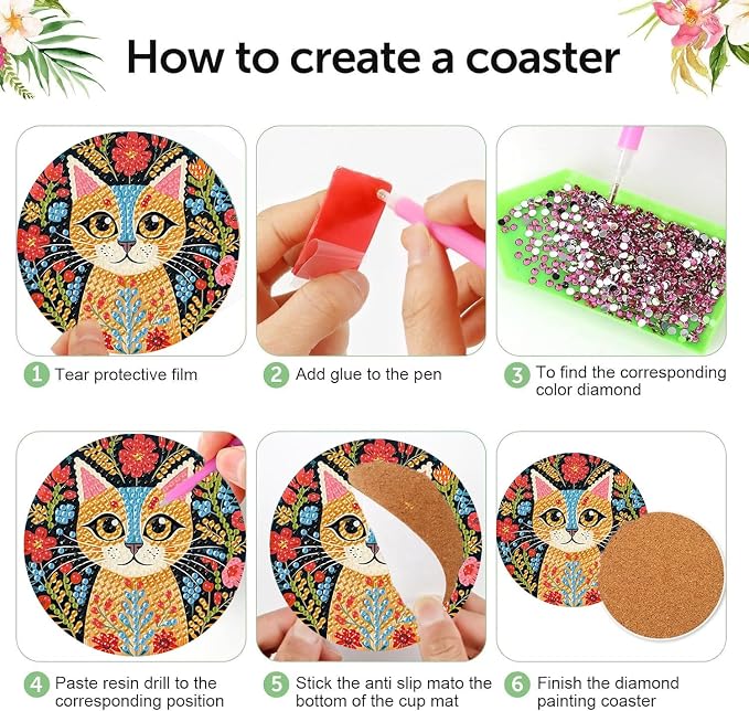 mrpwnle 6 Pcs Diamond Art Coasters Kits, Cat Diamond Painting Coasters Kit