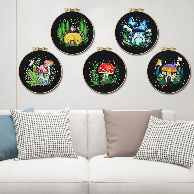 ERKOON 5 Sets Embroidery Kit for Beginners Adult Mushroom Cross Stitch | Embroidery Set Include Embroidery Cloth Hoops Threads for Craft Lover Hand Stitch with Embroidery Skill Techniques