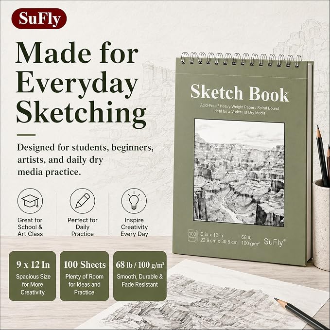 SuFly Sketch Book 9x12, 100-Sheet Drawing Paper Pad, 68lb/100gsm, Acid-Free | Top Spiral Sketchbook, Sketch Pads for Drawing, Art Supplies for Kids & Adults, Art Class Gift for Beginners, Artists & Teens
