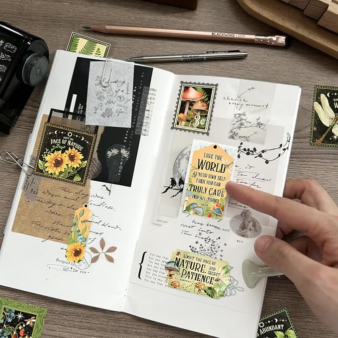 Bomichi 100 Pcs Postage Stamp Stickers, Aesthetic Insect Plants Decorative Stickers for Scrapbooking Bullet Journaling Planners DIY Calendars Notebook Junk Journal