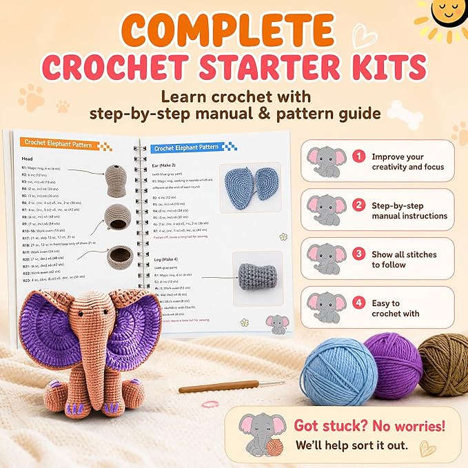 JYZJDKE Crochet Kit for Beginners Adults - DIY Amigurumi Elephant Knitting Starter Kit with Yarn Sets, Crochet Animal Kit Cute Stuffed Animal Craft Birthday Gifts (Dark Green+Flesh Pink Elephant)
