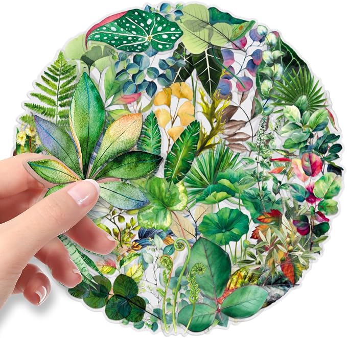 50Pcs Fresh Leaf Transparent Stickers Pack,Aesthetic Green Leaf Decor for Laptop Gifts for Kids Teens Adults Waterproof Vinyl PET Foliage Stickers for Scrapbook Bike Party (Colourful-F2)