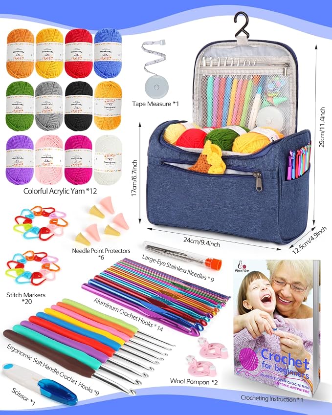 Aeelike Crochet Kits for Beginners Adults Kid, Complete Crochet Set, Pink | Crochet Kit for Beginners Young and Old, All-inclusive Kit with Crochet Hooks 655 Yards Yarn Instruction Knit Bag, Ideal Gift