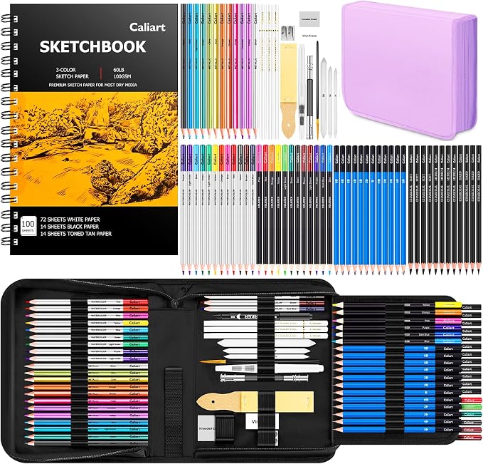 Caliart 176PCS Art Supplies Sketching Kit, 100 Sheets 3-Color Sketch Book | Graphite Colored Charcoal Watercolor & Metallic Pencils, Drawing Supplies Set Gifts for Artists Adults Beginners