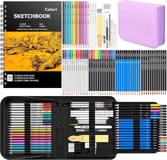 Caliart 176PCS Art Supplies Sketching Kit, 100 Sheets 3-Color Sketch Book | Graphite Colored Charcoal Watercolor & Metallic Pencils, Drawing Supplies Set Gifts for Artists Adults Beginners