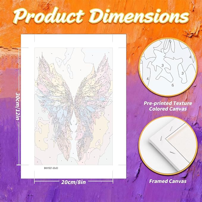 Gemozaic Framed Paint by Numbers Kit for Adults with Easel - Angel Wing | Small Paint by Number for Adults on Canvas, DIY Acrylic Numbers Painting for Gift, Home, Office, Wall Decor, 8 x 12 Inch