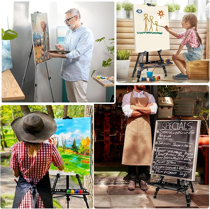 Adjustable Artist Easel - 19.69" to 61.8", Portable Folding Tabletop or Floor Easel with Brush Tray, Carry Bag, 4 Clips, 5 Palette Knives for Painting, Display, and Art Exhibitions (Black)