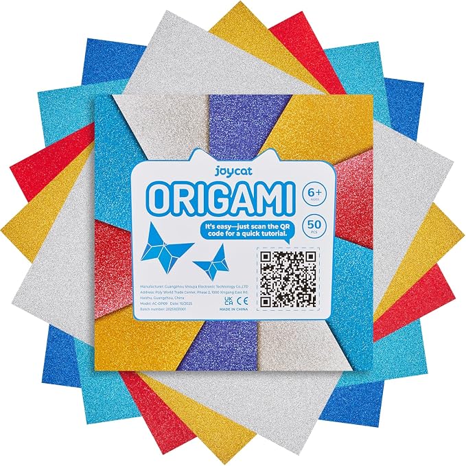 JoyCat Classic Glitter Origami Paper, 50 Sheets, 5 Colors, 6x6 Inch | Five vivid glitter colors add a bright shimmer to origami, party decorations, card making, gift accents and DIY crafts.