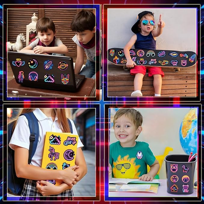Water Bottle Stickers 300 Pcs Cute Cool Neon Sticker Packs, Classroom Rewards Prizes for Kids, Waterproof Vinyl Stickers for Water Bottles Laptop Scrapbooking Skateboard Journal Guitar Suitcase etc