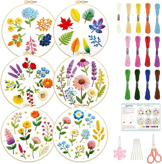 BEUNITONE 6 Pack Beginner Embroidery Kit for Adults, Simple Floral Plants Pre-Stamped Pattern Starter Needlepoint Kits with Hoops & Instruction, Hand Embroidery Kits for Fabric and Home Decor 7.9x7.9