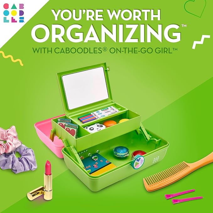 Caboodles On-The-Go Girl Makeup Box, Two-Tone Pink on Neon Green, Hard Plastic Makeup Organizer Box, Built-In Mirror, Secure Latch for Safe Travel, Spacious Storage for Large Items