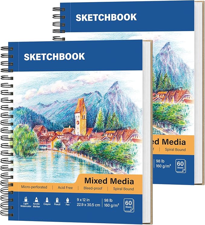 Mixed Media Sketch Book 9" x 12": 98lb/160gsm Spiral Drawing Pad, 2 Pack