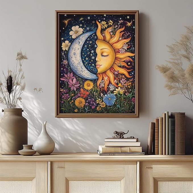 Sun&Moon Diamond Art Kits for Adults,Flowers Diamond Painting Wall Decor