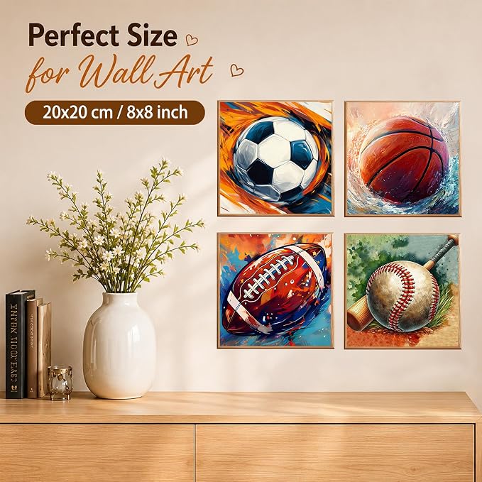AUKELHJ 4 Pack Framed Paint by Numbers Kit for Adults, Sport, 8x8 inch