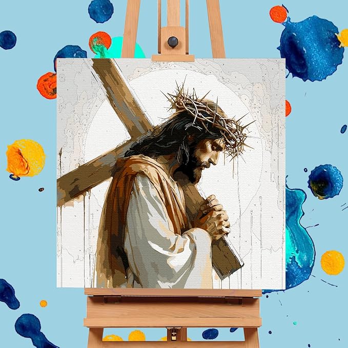 Paint by Numbers Kit for Adults, Jesus Cross Acrylic Canvas Painting Set | 16x16 Inch, Religious Christians DIY Number Painting Craft Kit, Home Wall Decor, Stress Relief Relaxing Hobby Gift