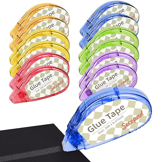 Secopad Scrapbook Tape, Glue Tape for Crafts, 12 Pack, Clear Colored Shell | 0.3IN x 26FT, Sticky & Safe, Double Sided Tape for Crafts, Scrapbooking Junk Journaling Supplies, For School Office Teachers