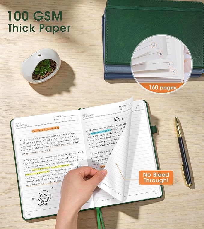 Lined Journal Notebook, A5 Hardcover Leather Journals for Writing, 160 Numbered Pages, 5.7'' x 8.3'' Journaling Notebooks for Men Women, Thick Paper College Ruled Journal for Work Office School, Green