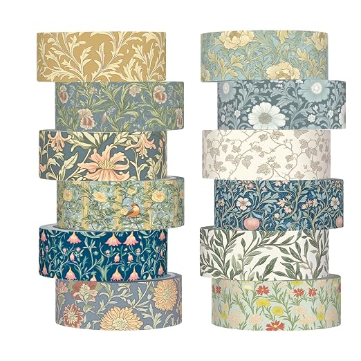 12 Rolls Floral Washi Tape Set,Earthy Tones,William Morris | Watercolor Flowers Design for Scrapbook Journal DIY Craft School Supplies, 15 mm Vintage Decorative Masking Washi Tapes