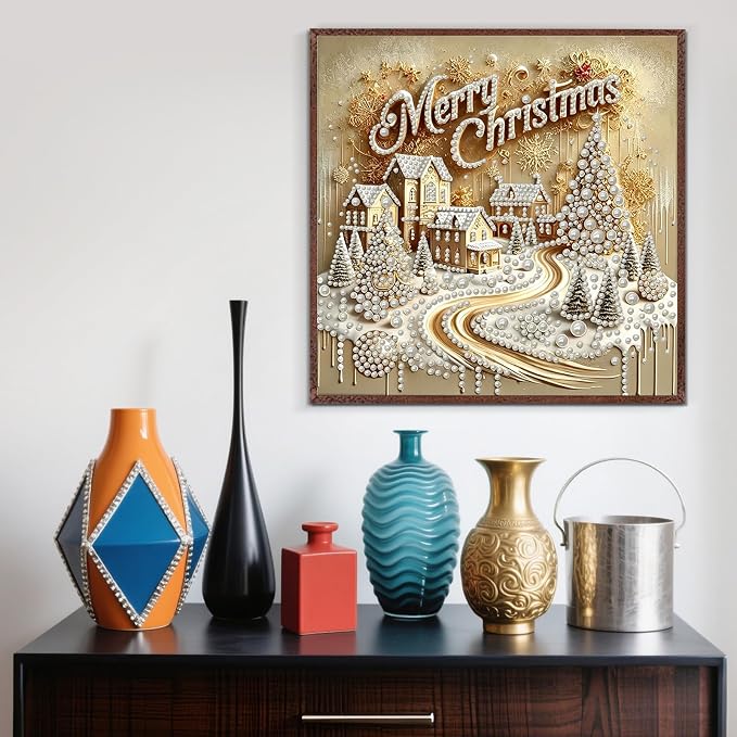 Merry Christmas Tree House Diamond Art Kits for Adults, 3D Special Shape Pearl Diamond Painting Kits for Adults Beginners, DIY Plastic Pearl Painting Gem Crafts for Home Wall Decor 11.8x11.8 Inch