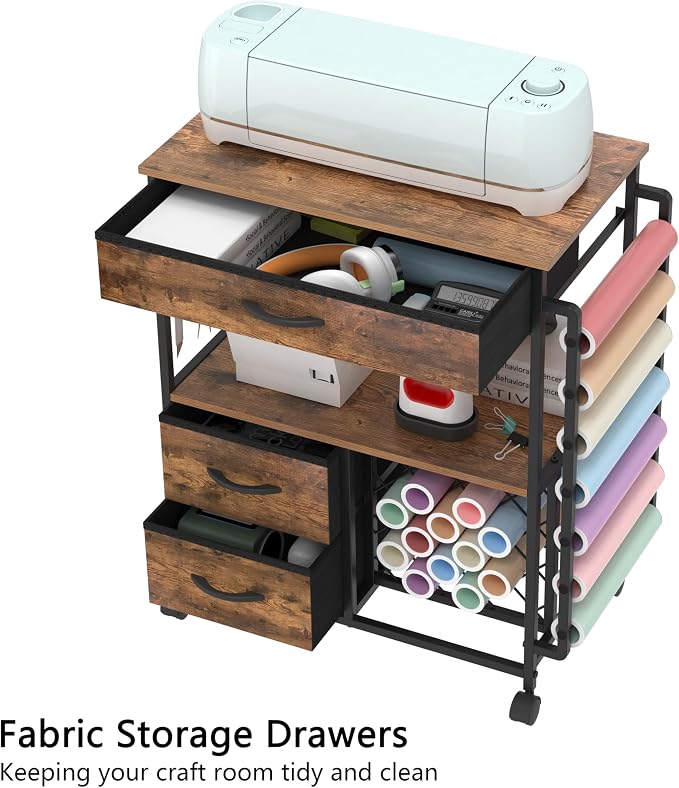 VENNQD Storage Cart Compatible with Cricut Machines Stand Cutting Machine Stand with Drawers and Vinyl Roll Holder Rolling Craft Cabinet Table for Cricut Craft Workstation (Rustic Brown)