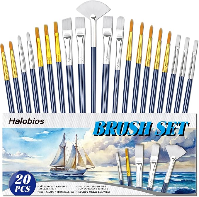Halobios Paint Brushes Set, 20PCS Painting Brushes Different Types of Brushes for Acrylic Paint, Watercolor, Oil, Paint Brushes Bulk for Nail, Face Art, Craft, Rock Painting and School Project