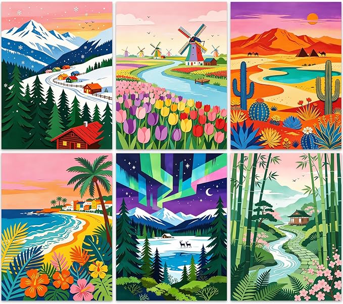DOZEEZOP 6-Pack Diamond Art Kit for Adults, 5D Diamond Painting 12x16 Inch | Landscape pictures, Full Round Drills, Home Wall & Shelf Decor, Beginner-Friendly DIY Craft, Stress Relief, All-Occasion Gift