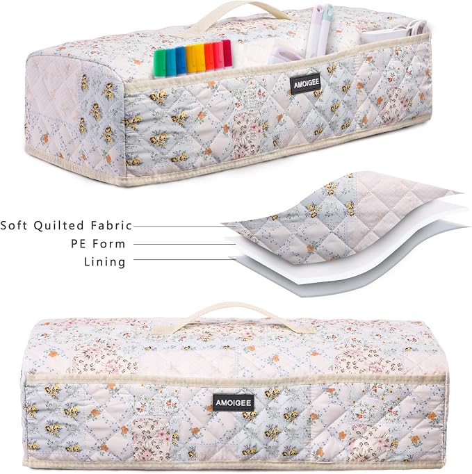 AMOIGEE Dust Cover for Latest Cutting Machine Cricuttt Explore 5, Quilted Protective Cover with Storage Pockets for Cutting Machine, Floral Fabric Anti-Dust Cover for Craft Machine Organizer