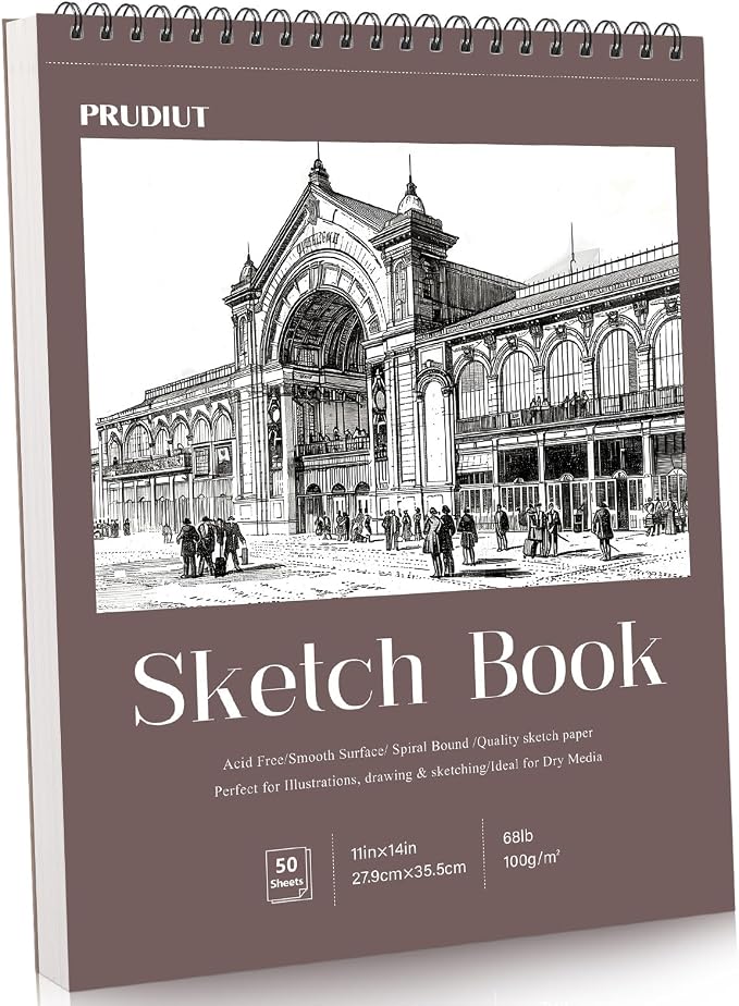 11×14in Sketch Book, Spiral Bound, 50 Sheets, Acid-Free Drawing Paper | 68lb/100gsm Paper, Perforated Pages, 360° Spiral, Hard Backing Board, for Pencil, Charcoal, Pastel, Crayon