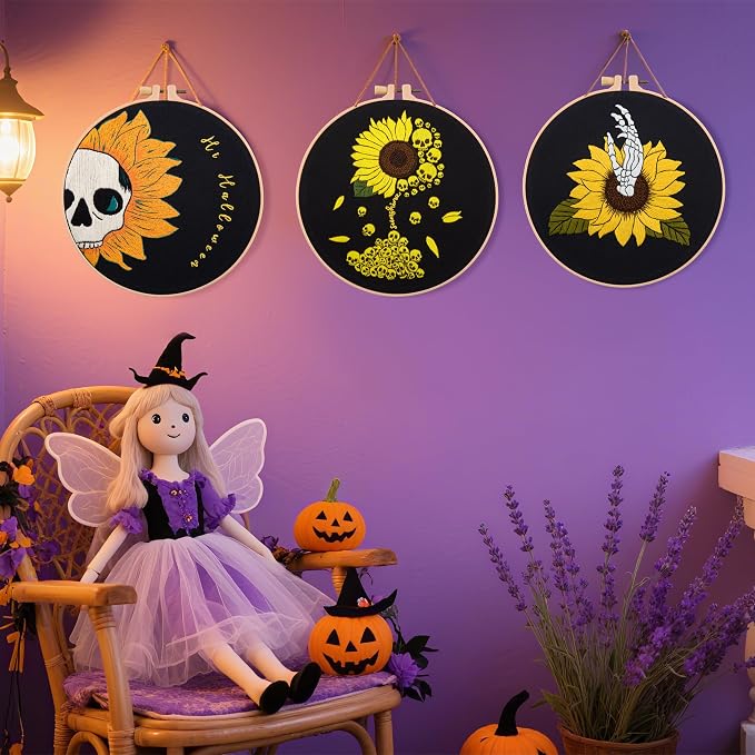 Halloween Gothic Embroidery Kits for Beginners Adults, Skull Hand Embroidery Needlepoint Kits, Sunflower Stamped Cross Stitch Kits for Beginners Adult, 3 Set Embroidery Hoops (Attached Video Tutorial)