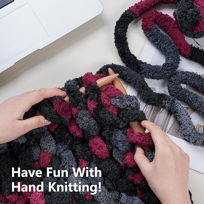 Cozyful Chunky Yarn for Hand Knitting - #10 Chunky Chenille Blanket Yarn, Jumbo Big Thick Chunky Yarns for Crocheting, Tie Dye Bulky Knit Yarns, 8 Skein (20 yds 8 oz Each Skein), Grey & Black & Red