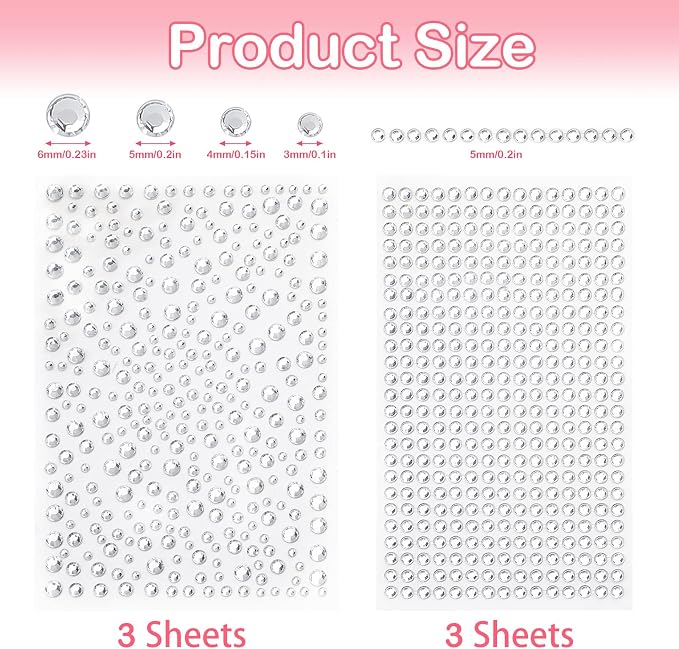 Clear Rhinestones Stickers, 2100pcs Self Adhesive Rhinestones for Face, Bling Jewel Stickers, Crystal Gem Stickers for Crafts, Makeup, Face, Hair, Assorted Size…
