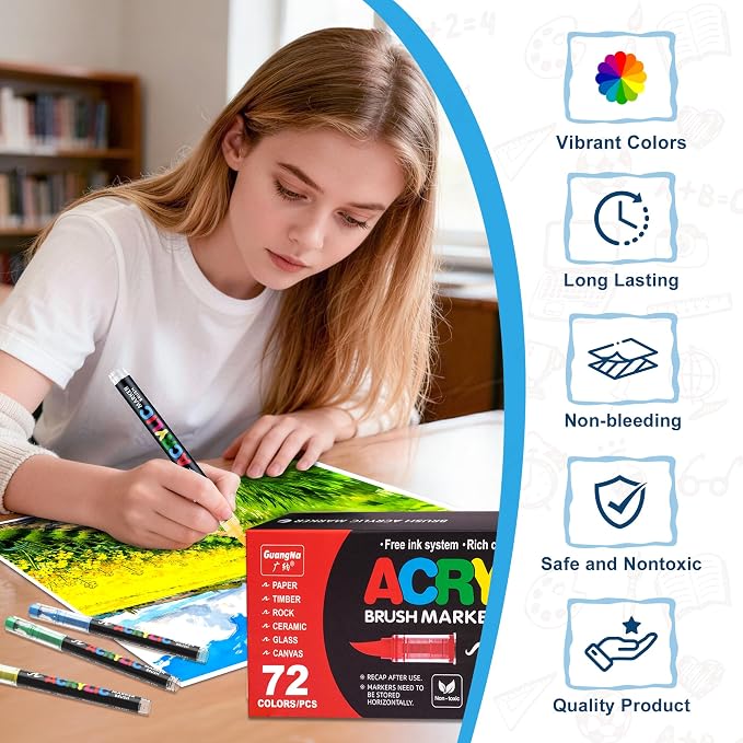 Guangna Acrylic Paint Markers Brush Tip, 72 Vivid Colors with Direct-Liquid Ink Control System, Professional-Grade Paint Pen for Rock Painting, Canvas, Glass, Plastic, Fabric & Creative Crafts