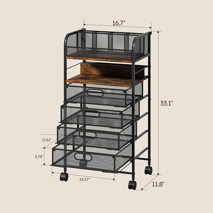 Homsorout Rolling Art Cart with 4 Drawers, Rustic