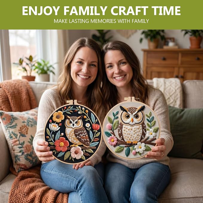 Santune Embroidery Kit for Beginners Needlepoint Cross Stitch Kits Adult Needle Point Sets with Owl Embroidery Patterns, Includes Step-By-Step Instructions and Accessories