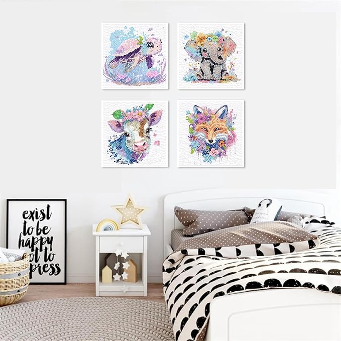 VividMeng 4 Pack Diamond Art Kits for Kids, 5D DIY Cute Animals Diamond Painting Kit for Kids Beginners, Gem Art by Number Kits for Boys Girls Ages 6-8-12-14, Home Wall Decor Gift for Party 6X6inch